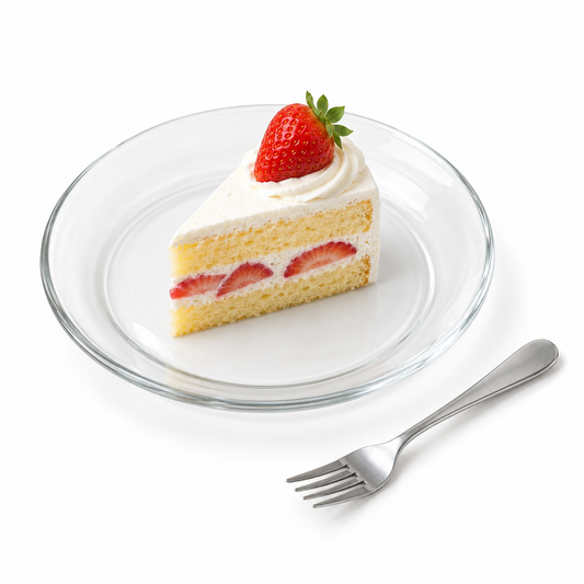 Round clear transparent glass dessert plate served with a small cake slice, strawberry, and fork on a seamless pure white background
