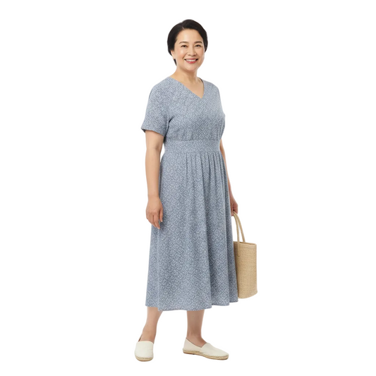 Front view of V-neck everyday midi dress on white background