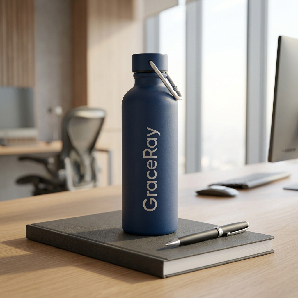 Custom reusable water bottle standing on an office desk beside a notebook for corporate onboarding kit display