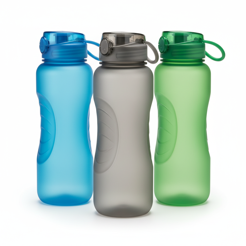 Lineup of frosted plastic sports water bottles in multiple colors on pure white background