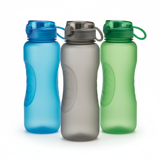 Lineup of frosted plastic sports water bottles in multiple colors on pure white background