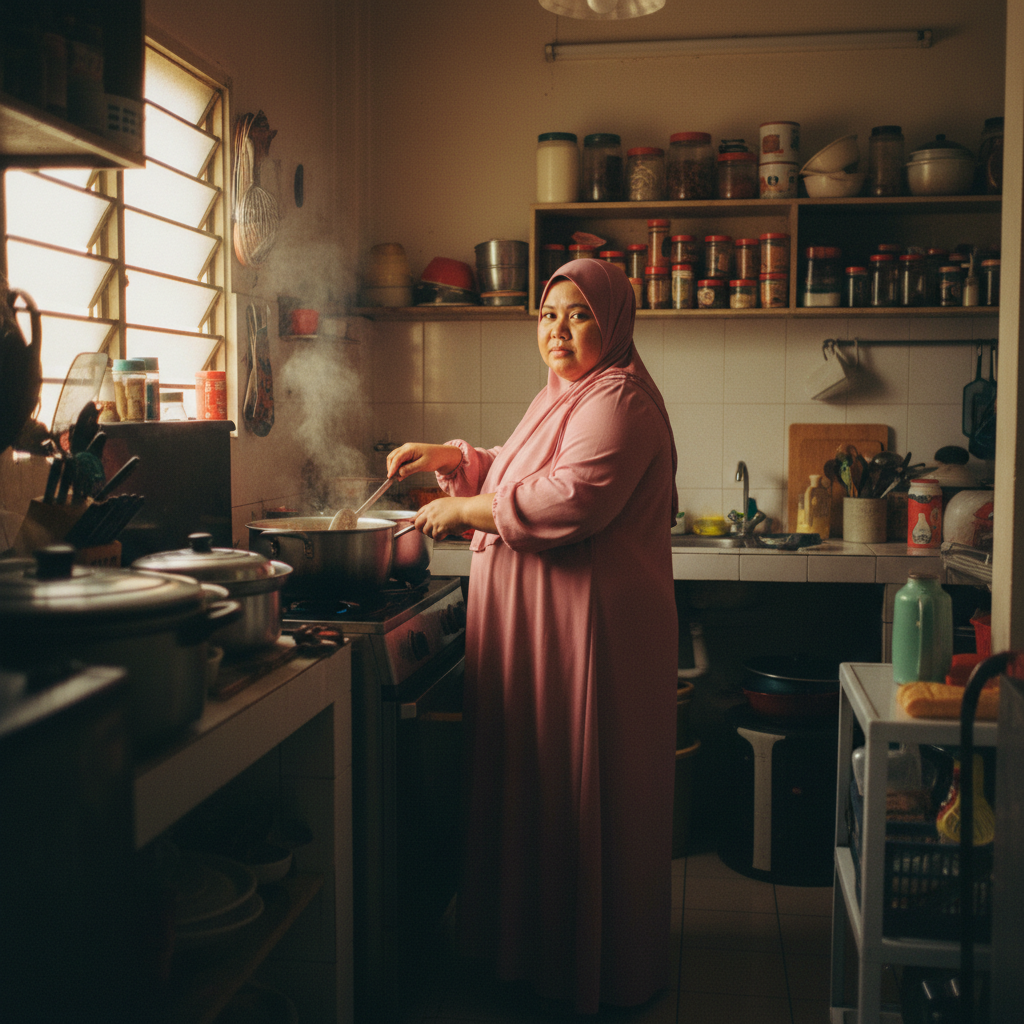 Malaysian Muslim woman pink long sleeve modest dress cooking
