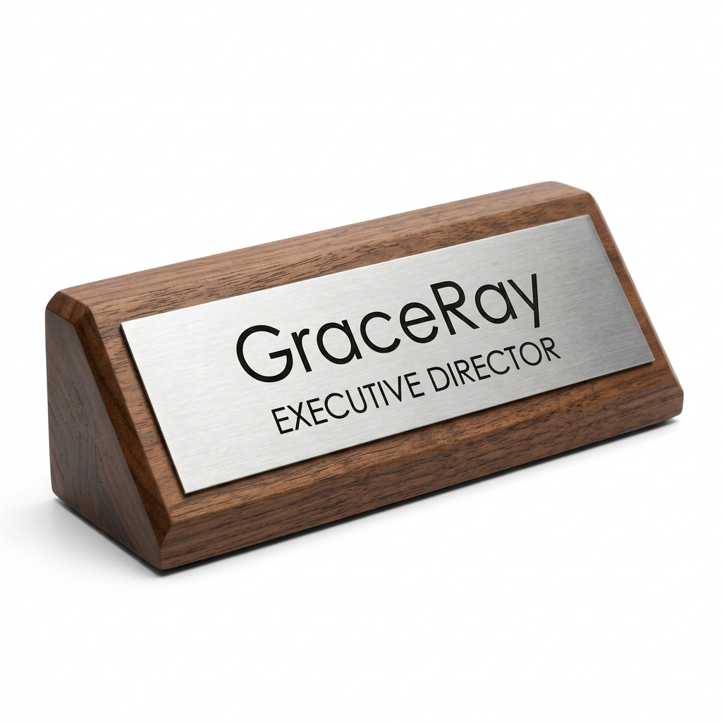 Custom desktop nameplate with a company logo and professional name panel on an office desk.