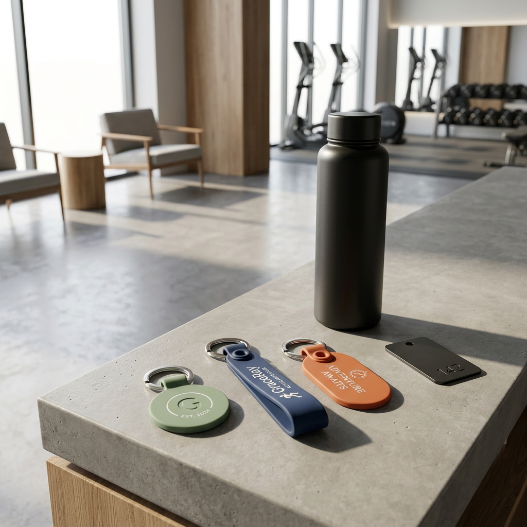 Custom silicone keychains displayed on a concrete reception desk in a modern fitness club