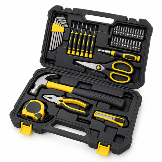 Multi-purpose household hand tool set in an opened blow-molded case with claw hammer, pliers, tape measure, bit driver, utility knife, and hex keys on a seamless pure white background