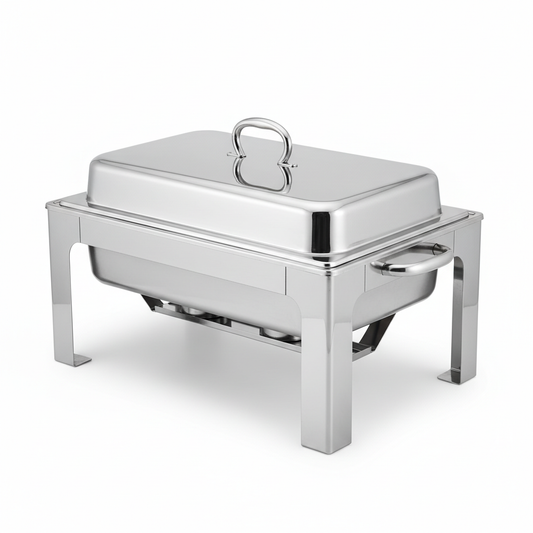 Full-size mirror-polished stainless steel hotel chafing dish food warmer with rectangular frame water pan full-size food pan insert and hinged dome lid with loop handle shown assembled at 3/4 angle on white background, commercial hospitality buffet banquet catering equipment