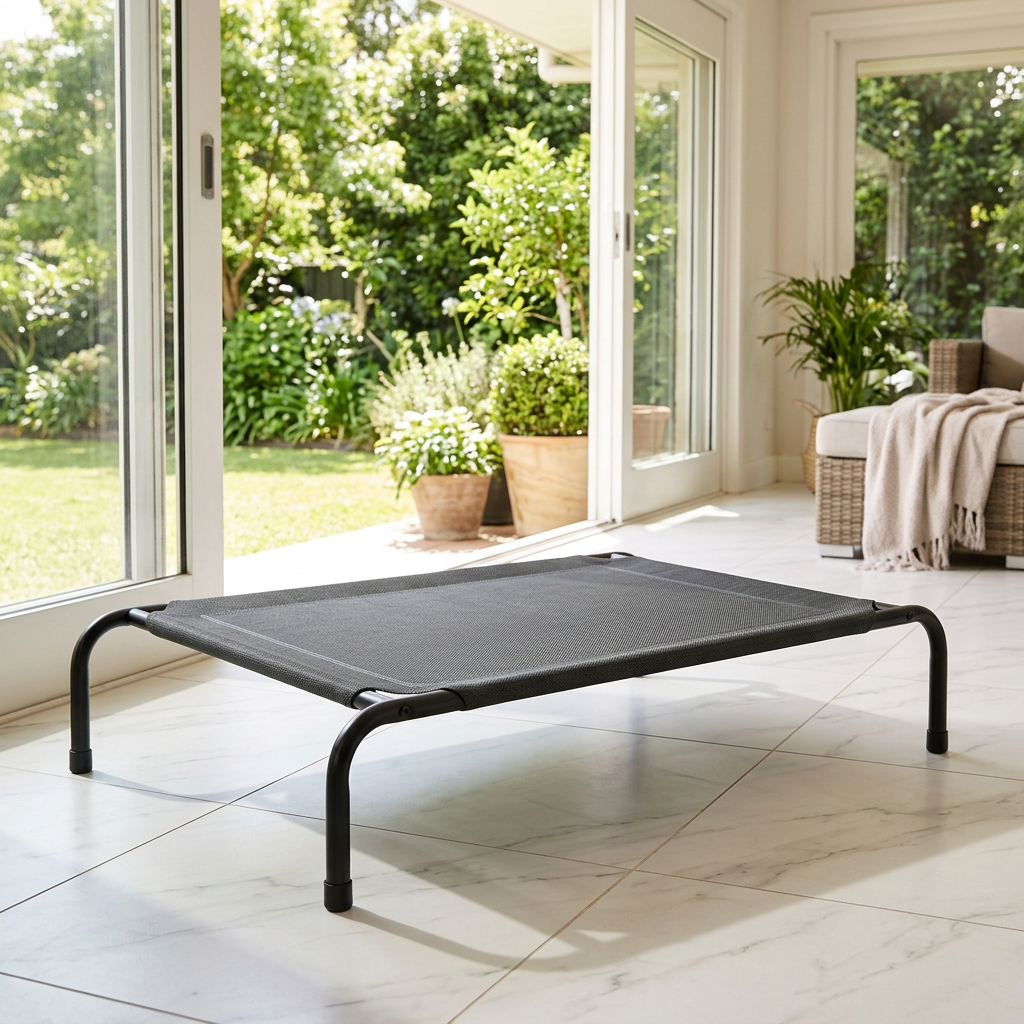 Elevated mesh dog bed standing on tiled floor in sunlit covered patio room with garden view