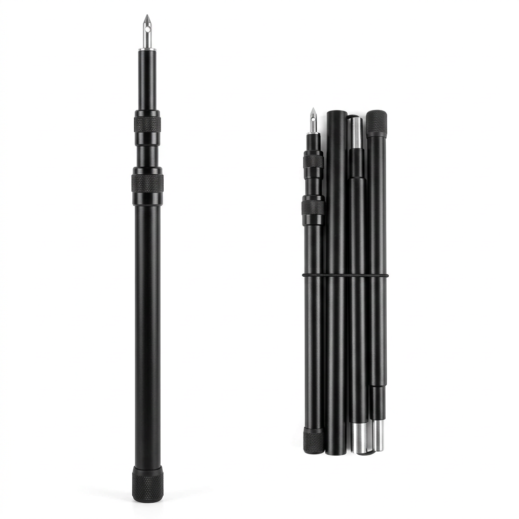 Adjustable aluminum camping tarp poles in matte black with stainless steel eyelet pin tip and rubber base, showing extended upright pole beside disassembled bundled sections on pure white background