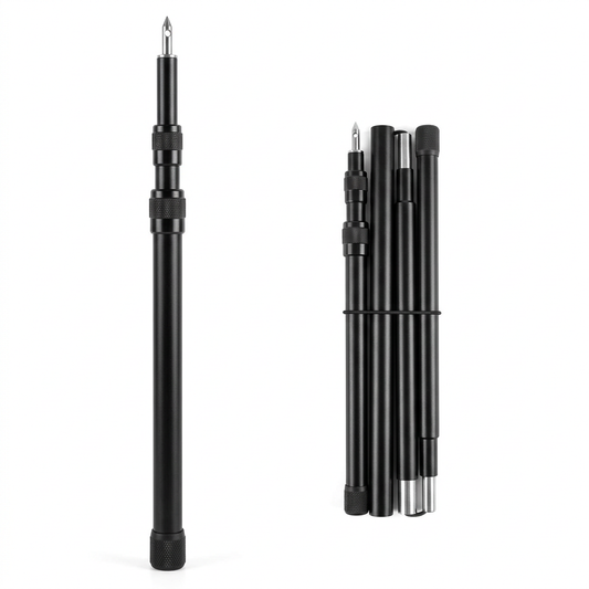 Adjustable aluminum camping tarp poles in matte black with stainless steel eyelet pin tip and rubber base, showing extended upright pole beside disassembled bundled sections on pure white background