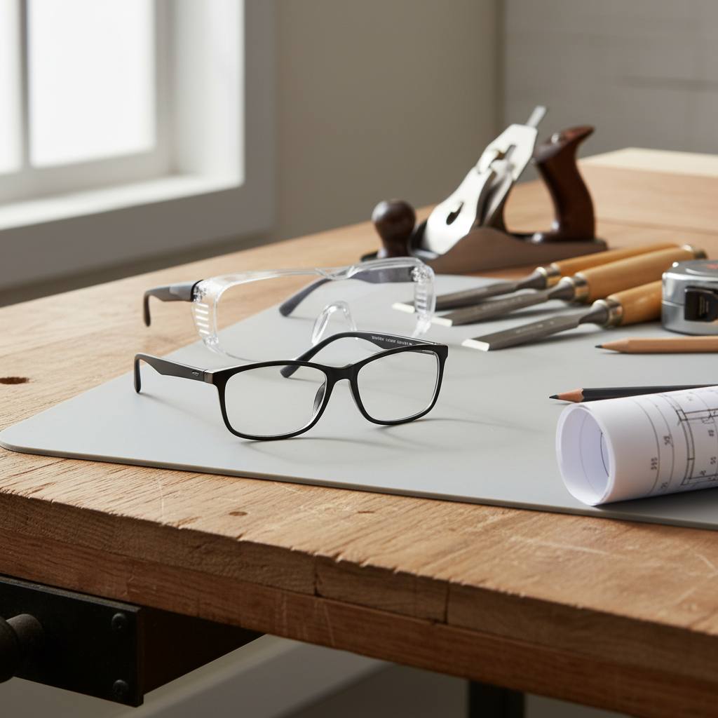 Clear OTG safety glasses worn over prescription glasses on workshop bench