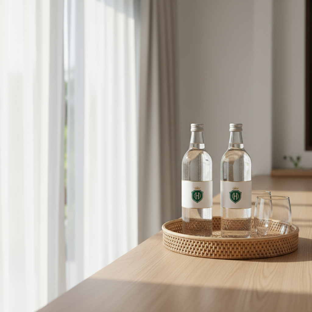Custom labeled hotel water bottles on rattan tray in resort guestroom