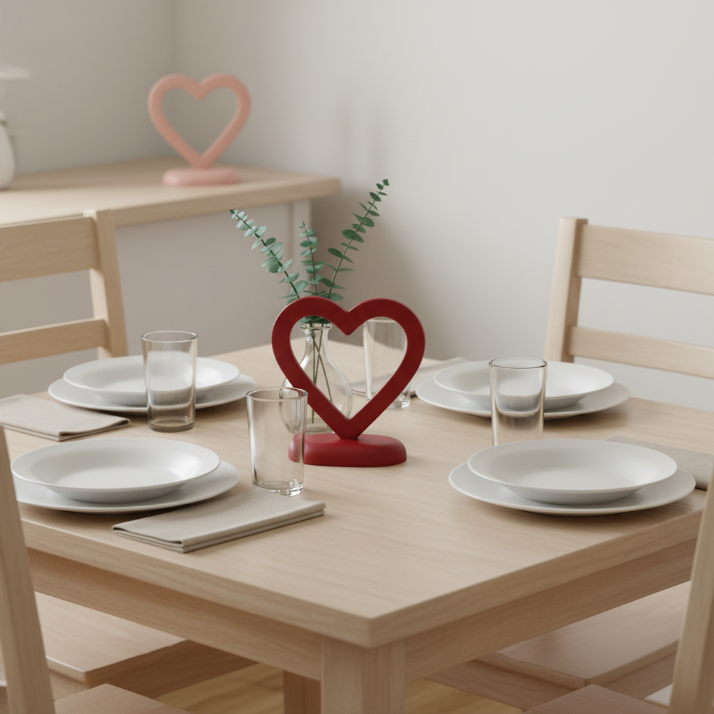Matte red open-heart ornament centered on an ordinary four-person wooden dining table with simple everyday place settings.