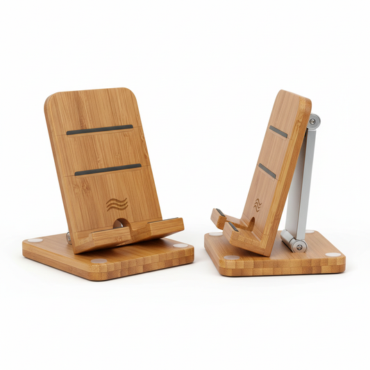 Foldable bamboo hotel phone stand with aluminum hinge, stable base, adjustable support, cradle ledge and cable pass-through on white background