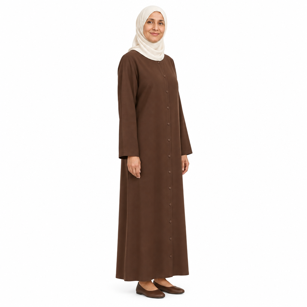 Angled full-length view of a chocolate brown loose button front abaya showing the button line and long sleeves on white