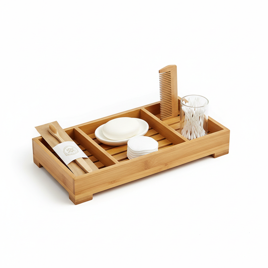 Natural bamboo hotel bathroom amenity tray with multiple compartments holding toothbrush kit, soap, comb, cotton pads and cotton swab tube on white background, guest bathroom organization display
