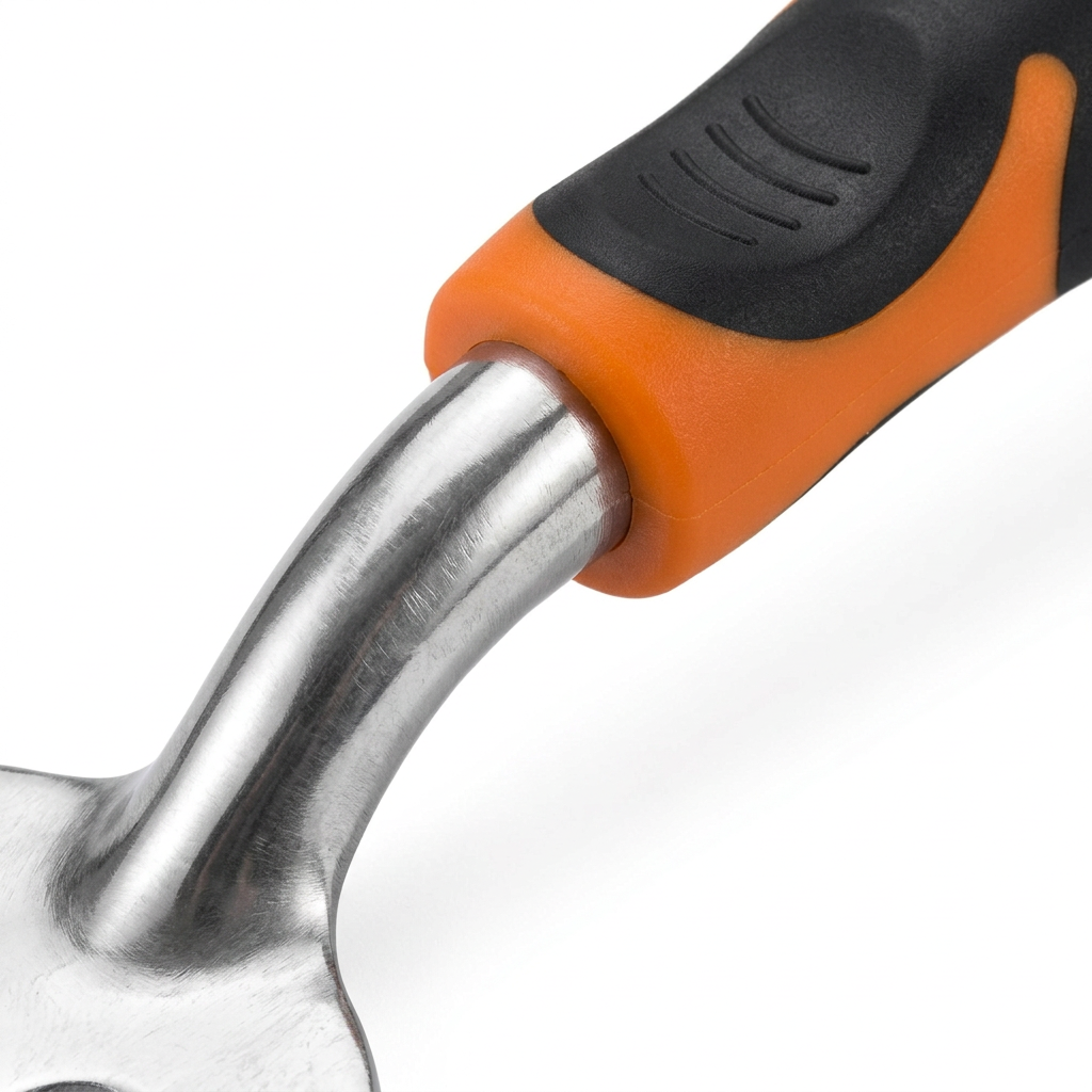 Macro close-up detail of garden hand fork cast aluminum neck shank connection joint and ergonomic rubber handle