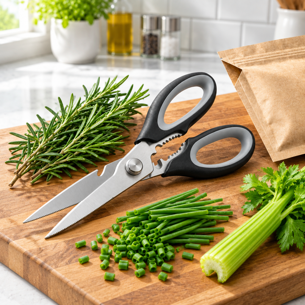 Multipurpose kitchen scissors on wooden cutting board with fresh culinary herbs and food ingredients on kitchen countertop