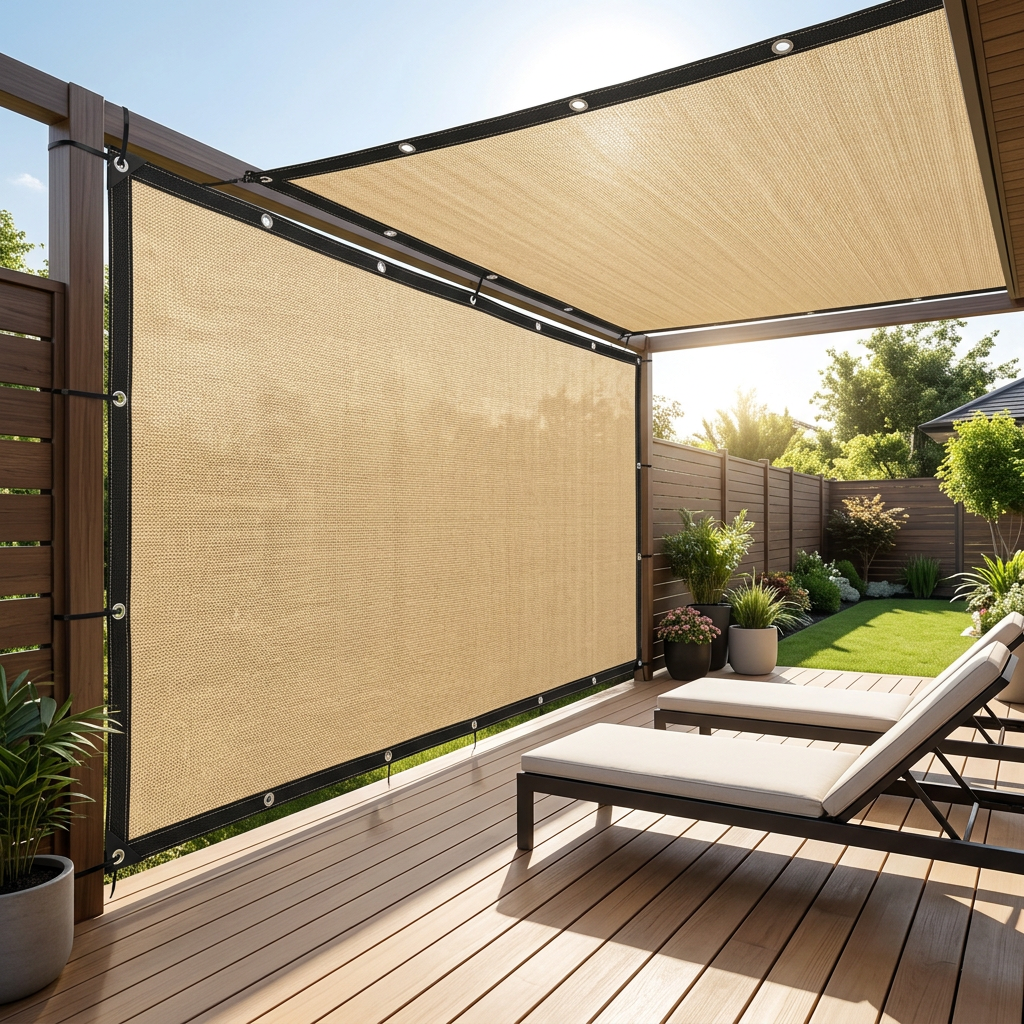 Sand-beige outdoor shade net installed along a patio pergola and fence casting shade over wooden deck lounge chairs in daylight