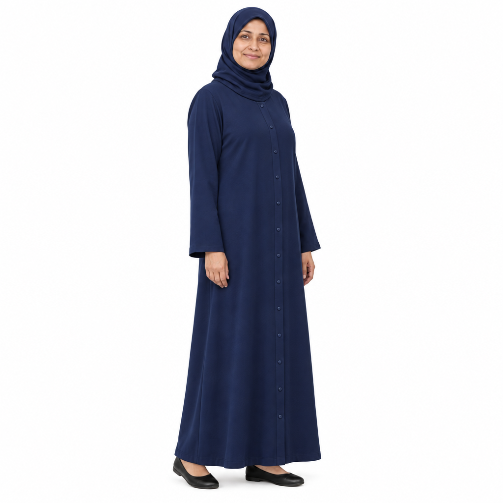 Angled full-length view of a dark navy loose button front abaya showing the button line and long sleeves on white