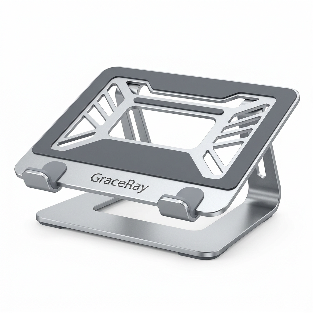 Laptop supported by a custom logo laptop stand on an office desk.