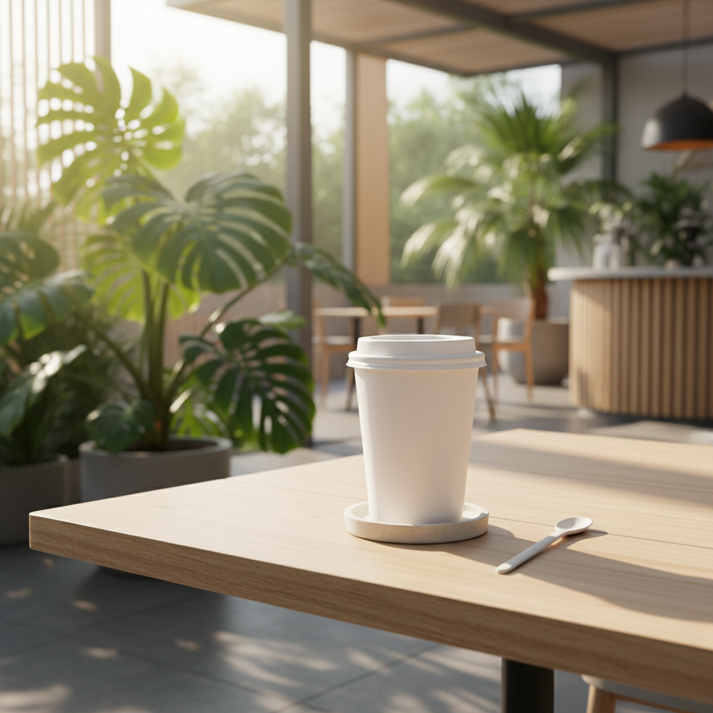 Reusable white plastic coffee cup on an outdoor cafe table with tropical foliage