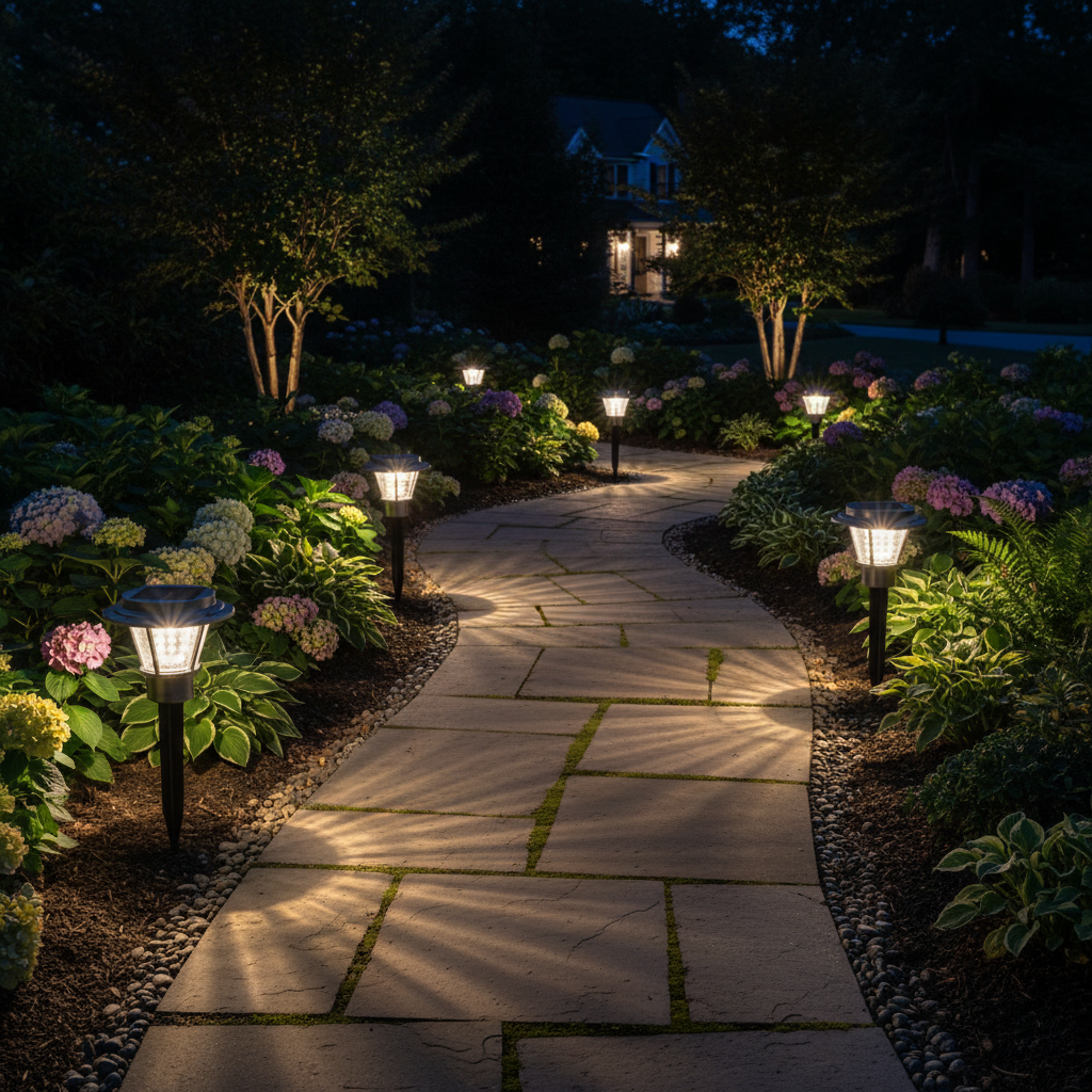 Solar Garden Pathway Light installed along a garden pathway at night