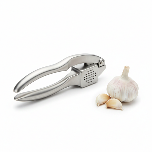 Stainless steel manual garlic press with fresh garlic bulb and peeled cloves on pure white background