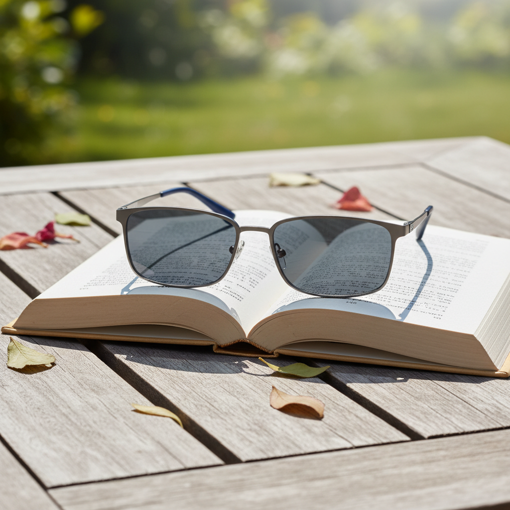 Photochromic reading glasses darkened lenses resting on open book under outdoor sunlight