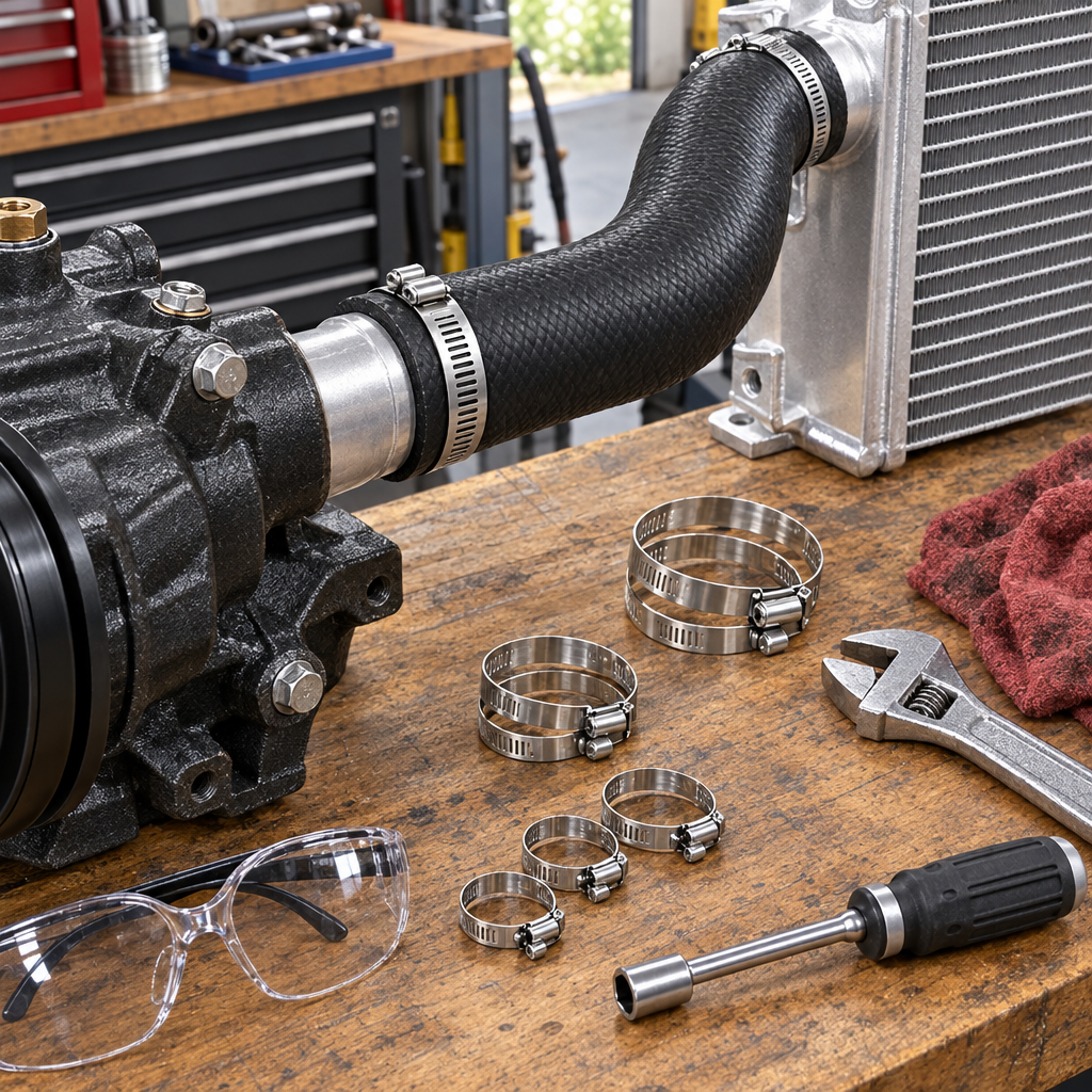 Stainless steel hose clamp securely tightened on a black rubber coolant hose and aluminum pipe connection with nut driver and wrench nearby