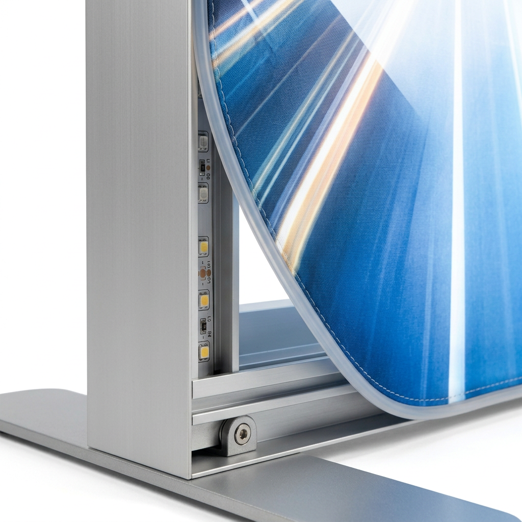 Detail close-up of LED lightbox display showing 100mm aluminum profile, SEG channel, and edge-lit LED modules on white background
