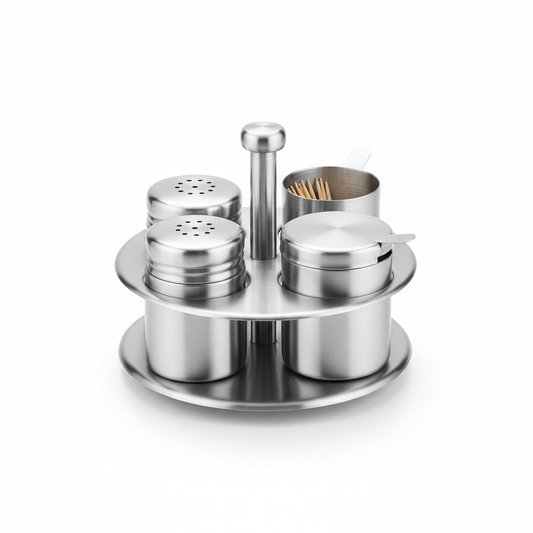 Round brushed satin stainless steel hotel condiment holder caddy with 4-compartment design holding salt shaker pepper shaker sugar dispenser and toothpick holder in matching stainless steel with cylindrical center post and flat circular base on white background, commercial hospitality restaurant table condiment set