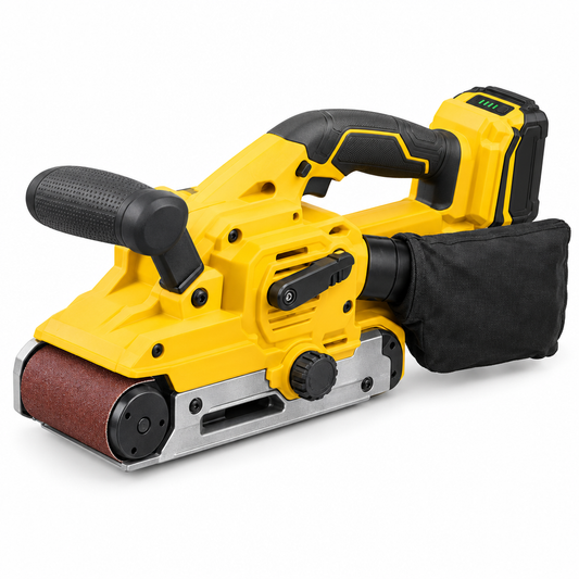 20V heavy-duty cordless 3x21-inch belt sander with front pommel handle, continuous abrasive belt, side dust bag, and lithium battery on a pure white background