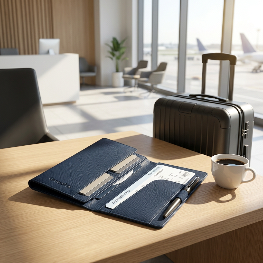 Custom leather travel document wallet open on an office desk beside a suitcase