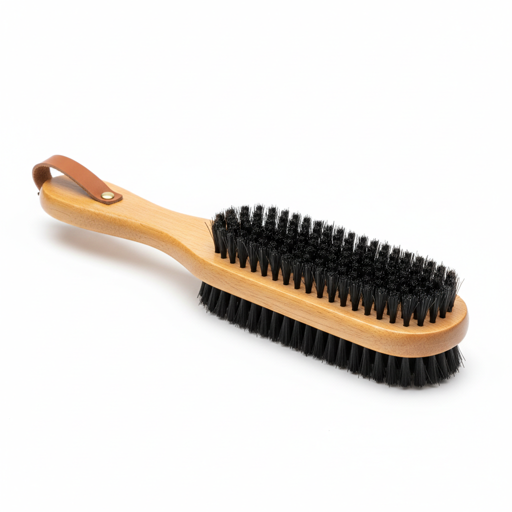 Hotel clothes brush with natural wooden handle and dense bristles on white background
