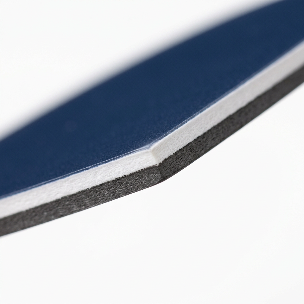 Detail close-up of promotional magnet showing rubber magnetic backing, art paper core, and matte surface lamination on white background