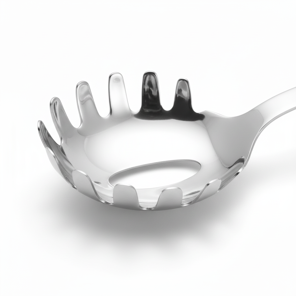 Macro detail of mirror-polished curved claw head, rounded teeth, and central drainage opening