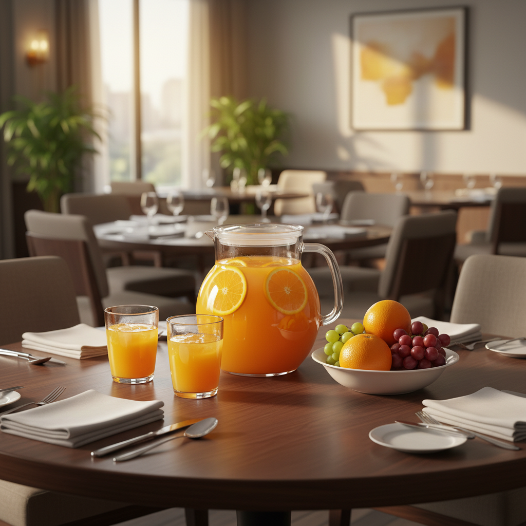 Plastic juice pitcher with orange juice on a restaurant banquet dining table