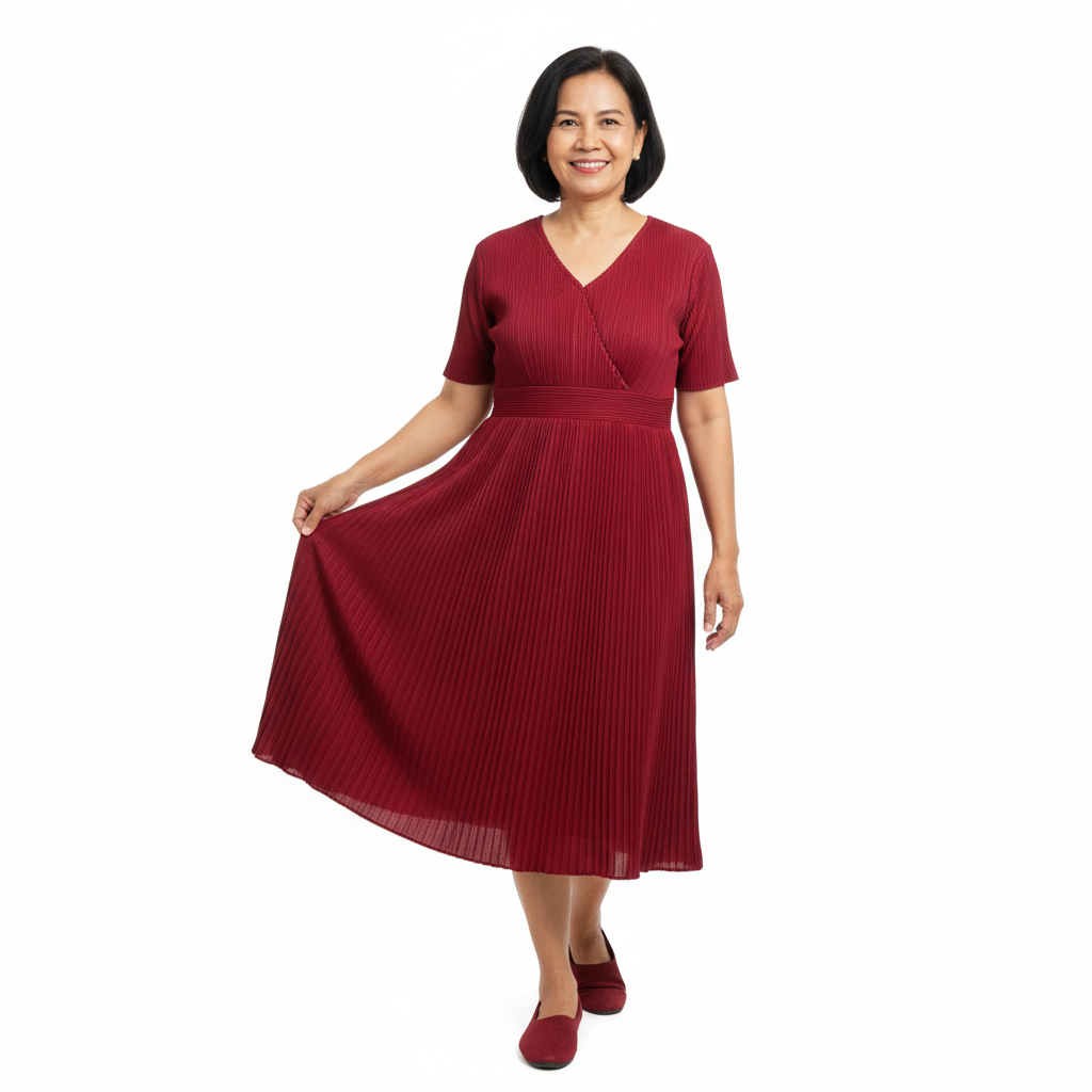 Front view of pleated V-neck short sleeve midi dress on white background