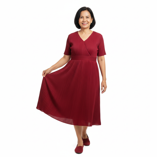 Front view of pleated V-neck short sleeve midi dress on white background