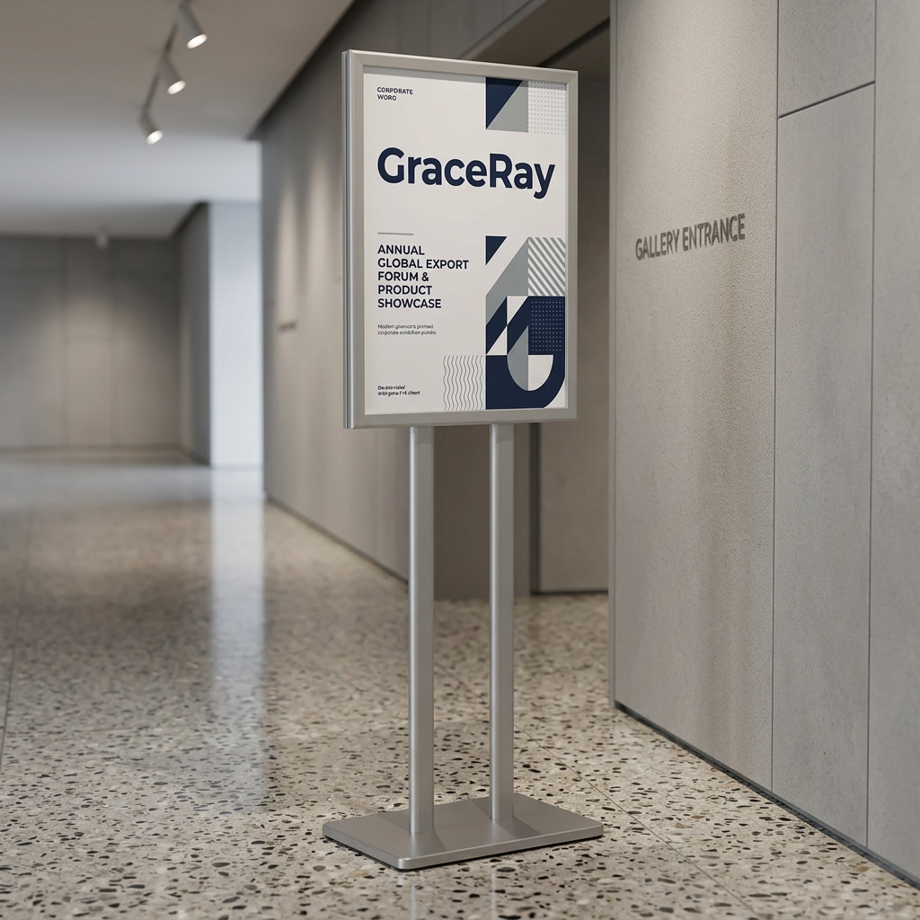 Freestanding exhibition poster stand positioned in a conference venue gallery hallway