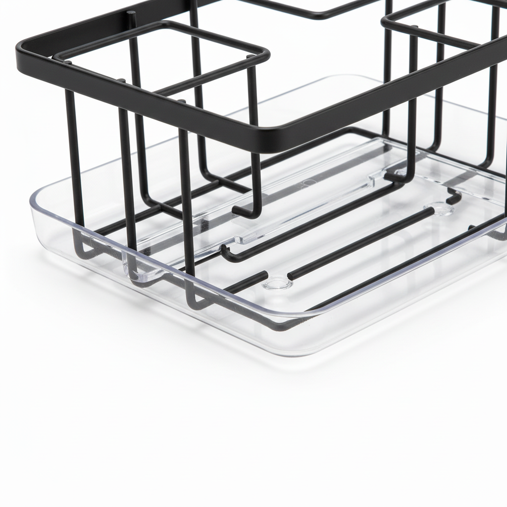 Close-up detail of kitchen sink caddy wire compartments and removable drainage drip tray