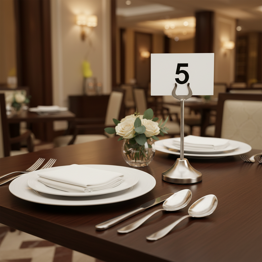 Brushed stainless steel hotel table number stand with weighted round base and fork clip holding white number card on professionally set hotel restaurant dining table beside white porcelain plates polished cutlery folded white napkin and small flower vase, warm elegant ambient lighting upscale Middle Eastern international hotel restaurant with dark wood table surface