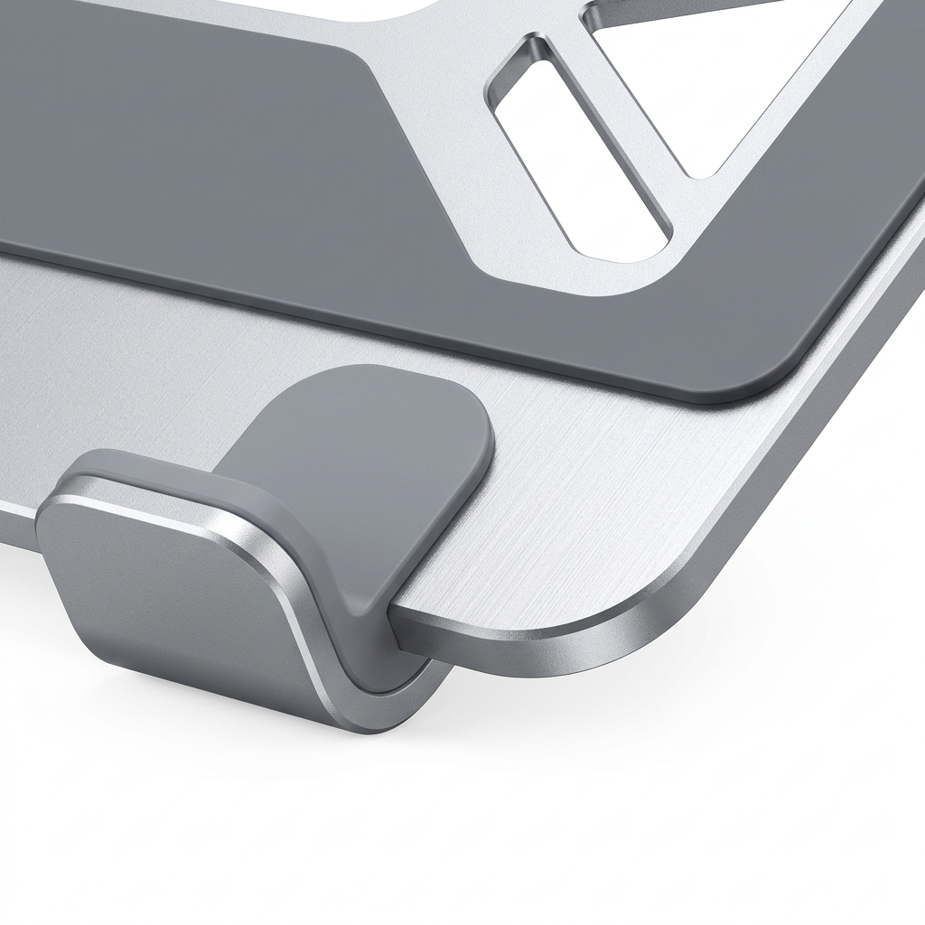Detail close-up of laptop stand showing CNC chamfered aluminum edge and silicone cushioning pad on white background