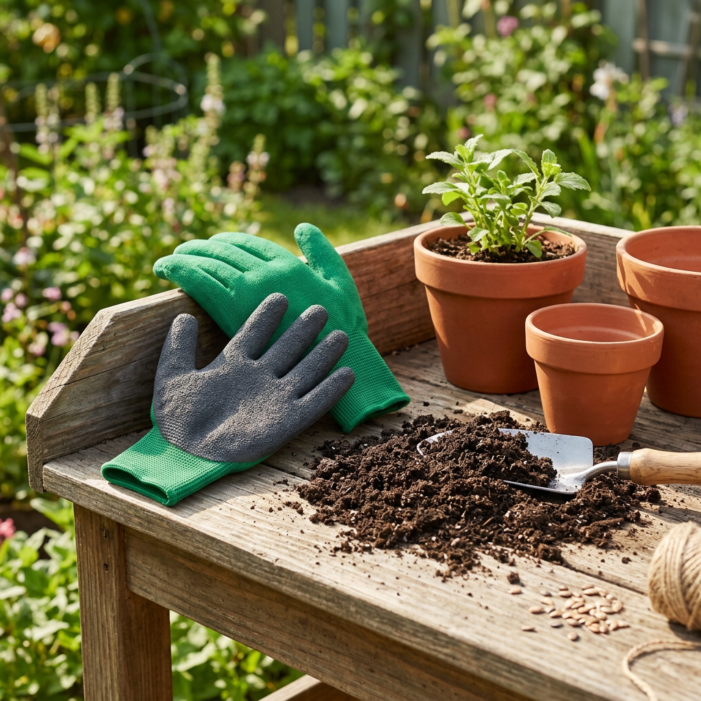 Pair of gardening gloves resting on rustic wooden potting bench next to potting soil, terracotta flower pots, and small hand trowel in bright natural sunlight