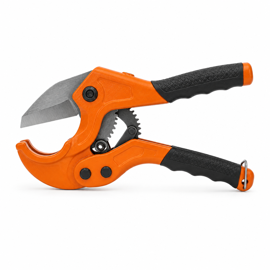 Ratchet PVC pipe cutter with high-carbon steel wedge blade and orange aluminum frame on a pure white background with comfortable margins