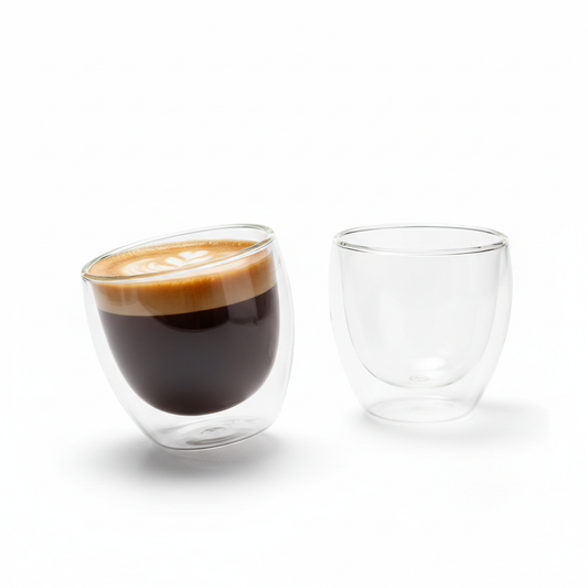 Double wall glass coffee cups with floating beverage effect on pure white background