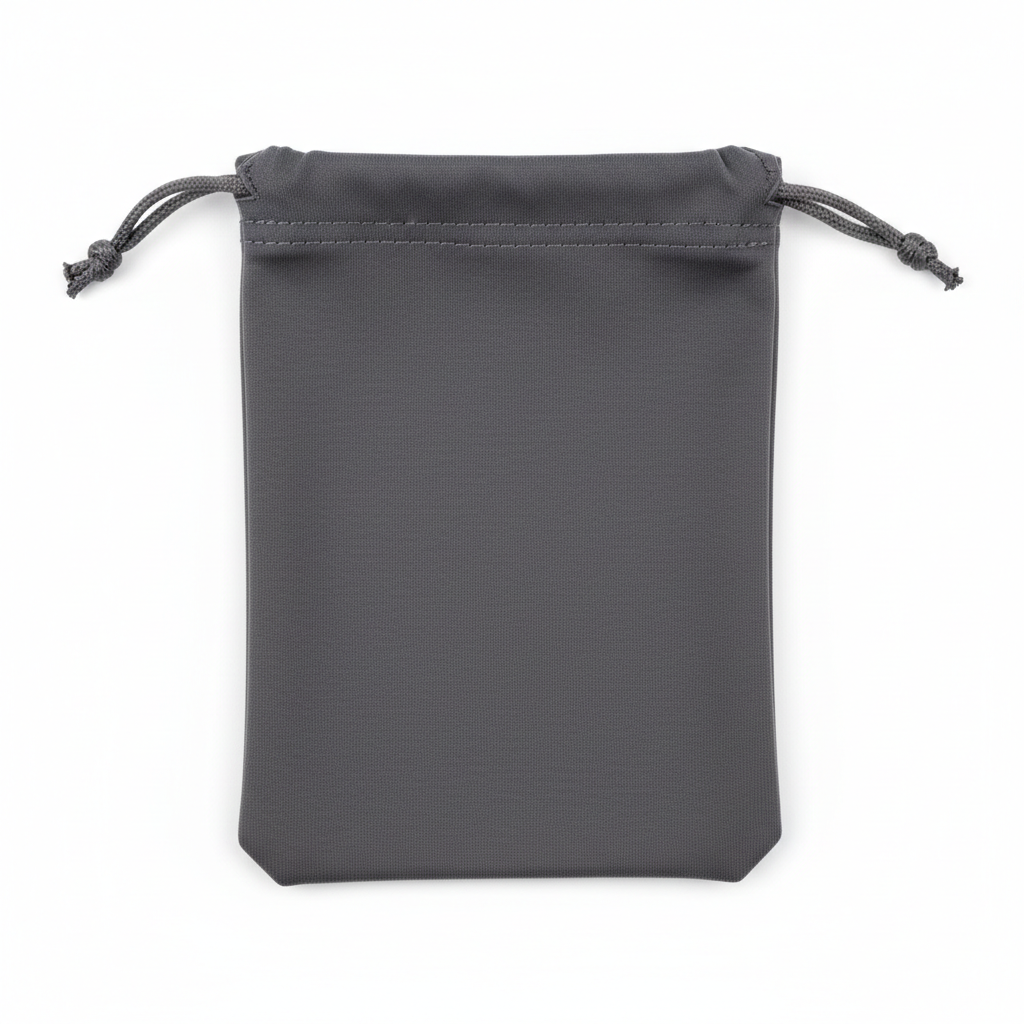 Soft microfiber eyeglass pouch with cinched drawstring closure in dark charcoal grey on white background