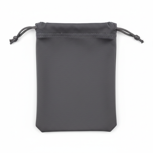 Soft microfiber eyeglass pouch with cinched drawstring closure in dark charcoal grey on white background
