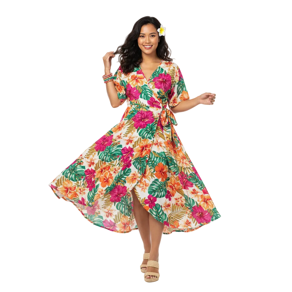 Tropical floral wrap dress model