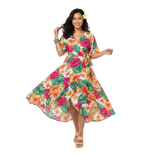 Tropical floral wrap dress model